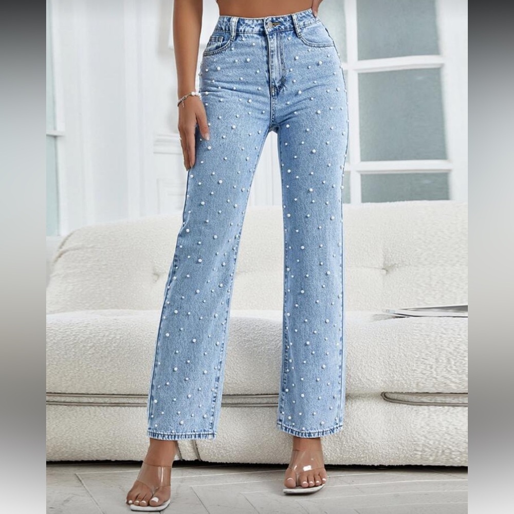 Women's Light Blue Pearl Embellished Jeans